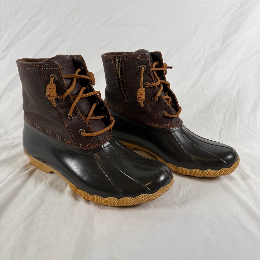 Sperry Saltwater Duck Boots Womens 8.5 Brown Leather Ankle Rain Boot Casual Fall